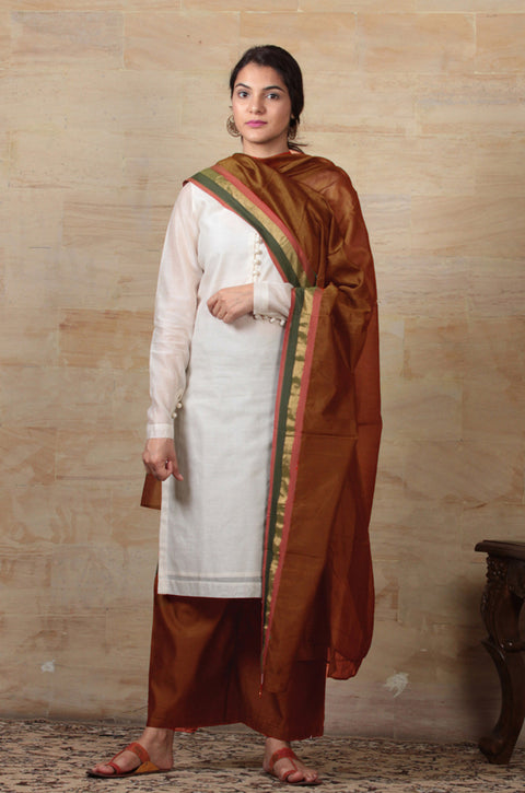 Shop Off-White & Golden Brown Chanderi Kurta & Palazzo with Hand-Woven Brown Dupatta - Set of 3 | Vinusto