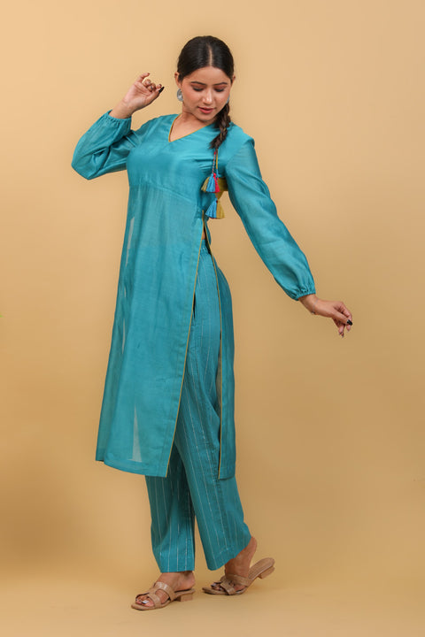 Premium Aqua Blue & Lime Yellow High Slit Kurta with Stylized Back in Chanderi Handloom, Cotton Pants, with Chanderi Dupatta (Set of 3) - By Vinusto 