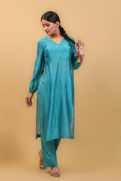 Handcrafted Aqua Blue & Lime Yellow High Slit Kurta with Stylized Back in Chanderi Handloom, Cotton Pants, with Chanderi Dupatta (Set of 3) - By Vinusto 