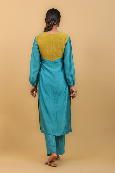 100% Authentic Aqua Blue & Lime Yellow High Slit Kurta with Stylized Back in Chanderi Handloom, Cotton Pants, with Chanderi Dupatta (Set of 3) - By Vinusto 