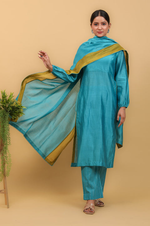 Shop Aqua Blue & Lime Yellow High Slit Kurta with Stylized Back in Chanderi Handloom, Cotton Pants, with Chanderi Dupatta (Set of 3) - By Vinusto 