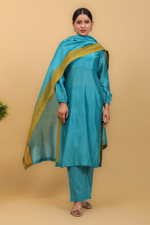 Luxury Aqua Blue & Lime Yellow High Slit Kurta with Stylized Back in Chanderi Handloom, Cotton Pants, with Chanderi Dupatta (Set of 3) - By Vinusto 