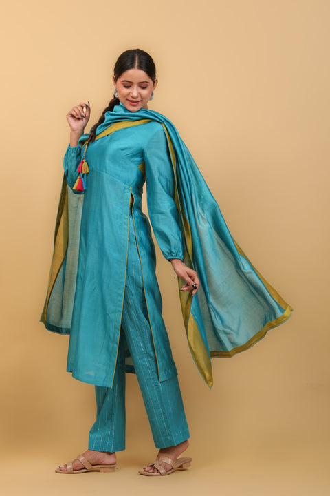 Buy Aqua Blue & Lime Yellow High Slit Kurta with Stylized Back in Chanderi Handloom, Cotton Pants, with Chanderi Dupatta (Set of 3) - By Vinusto 