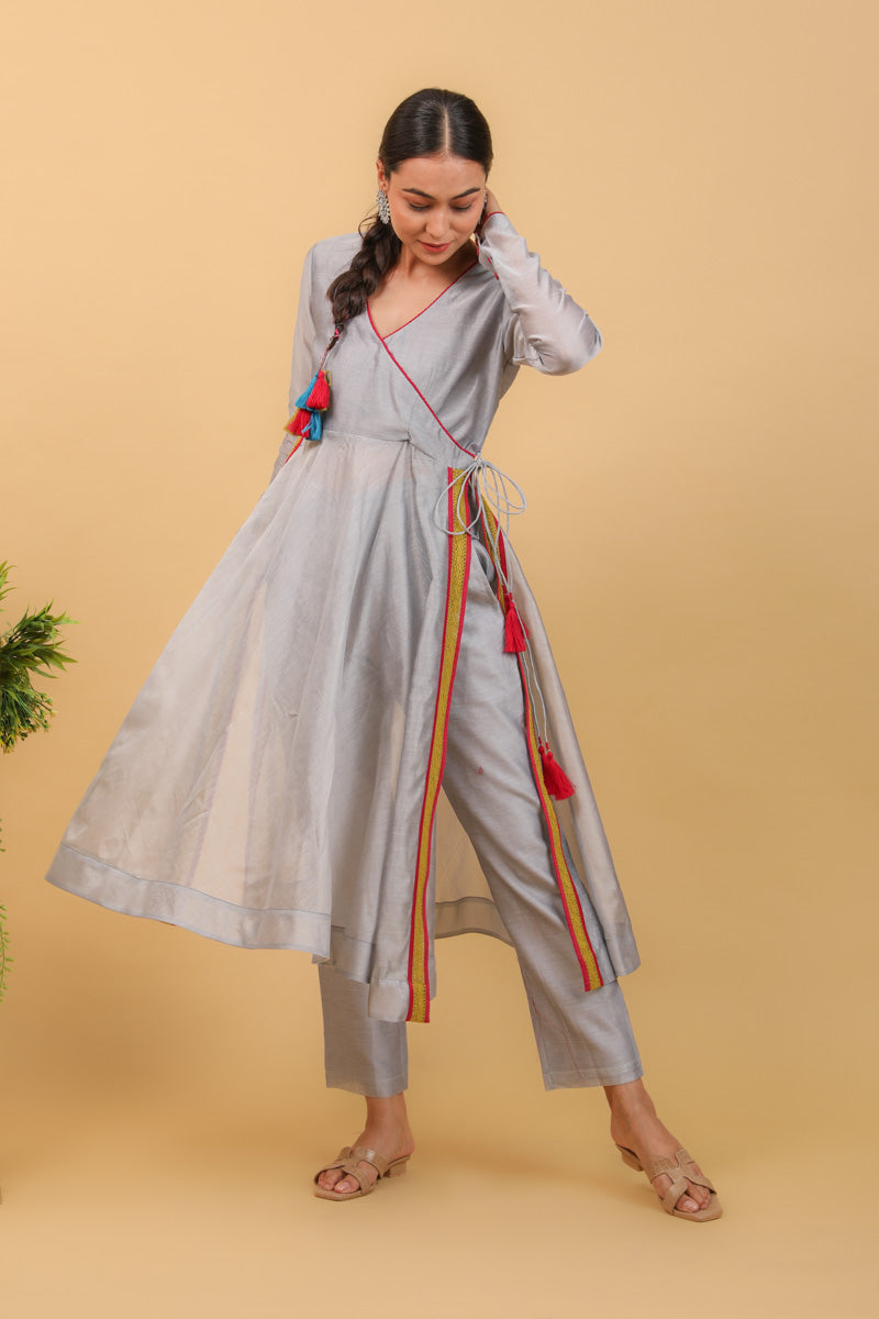 Grey Chanderi Handloom Anarkali Set With Lace details (Set of 2