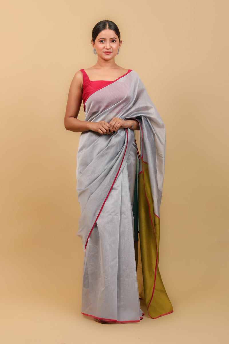 Buy Arhi Grey Cotton Handwoven Saree with Texture Pattern & Unstitched  Blouse online