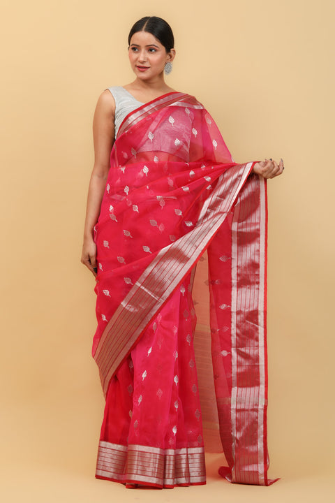 Shop Ruby Pink Handwoven Katan Silk Saree with Silver Border & Vinusto Motifs - Vinusto

