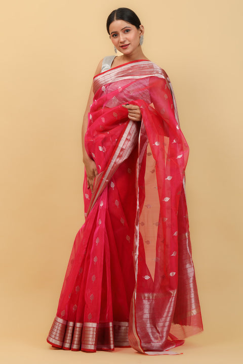 Buy Ruby Pink Handwoven Katan Silk Saree with Silver Border & Vinusto Motifs - Vinusto

