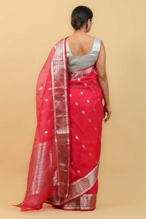 Order Ruby Pink Handwoven Katan Silk Saree with Silver Border & Vinusto Motifs - Vinusto

