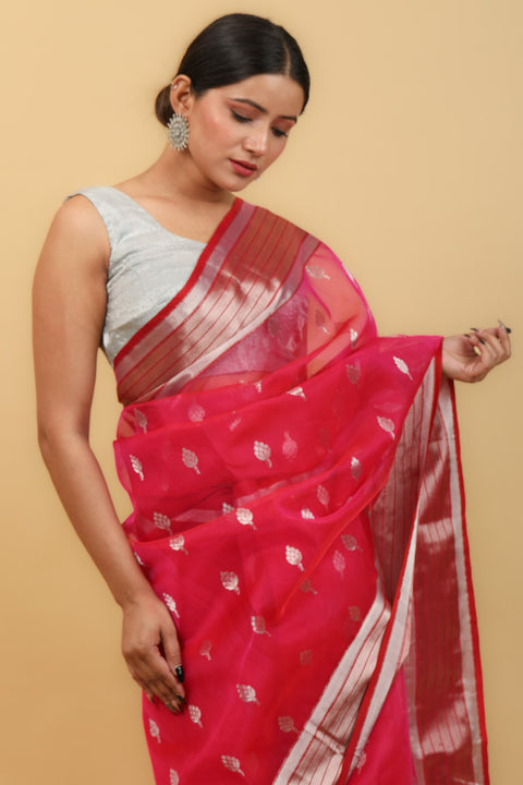 Luxury Ruby Pink Handwoven Katan Silk Saree with Silver Border & Vinusto Motifs - Vinusto

